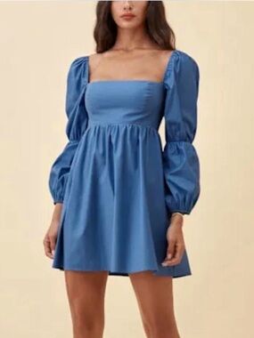 Reformation Square Neck Mini Dress | Minimal Chic Slip Dress | Blue | XS